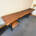 108"L Live Edge Walnut Sofa Table with Shelves