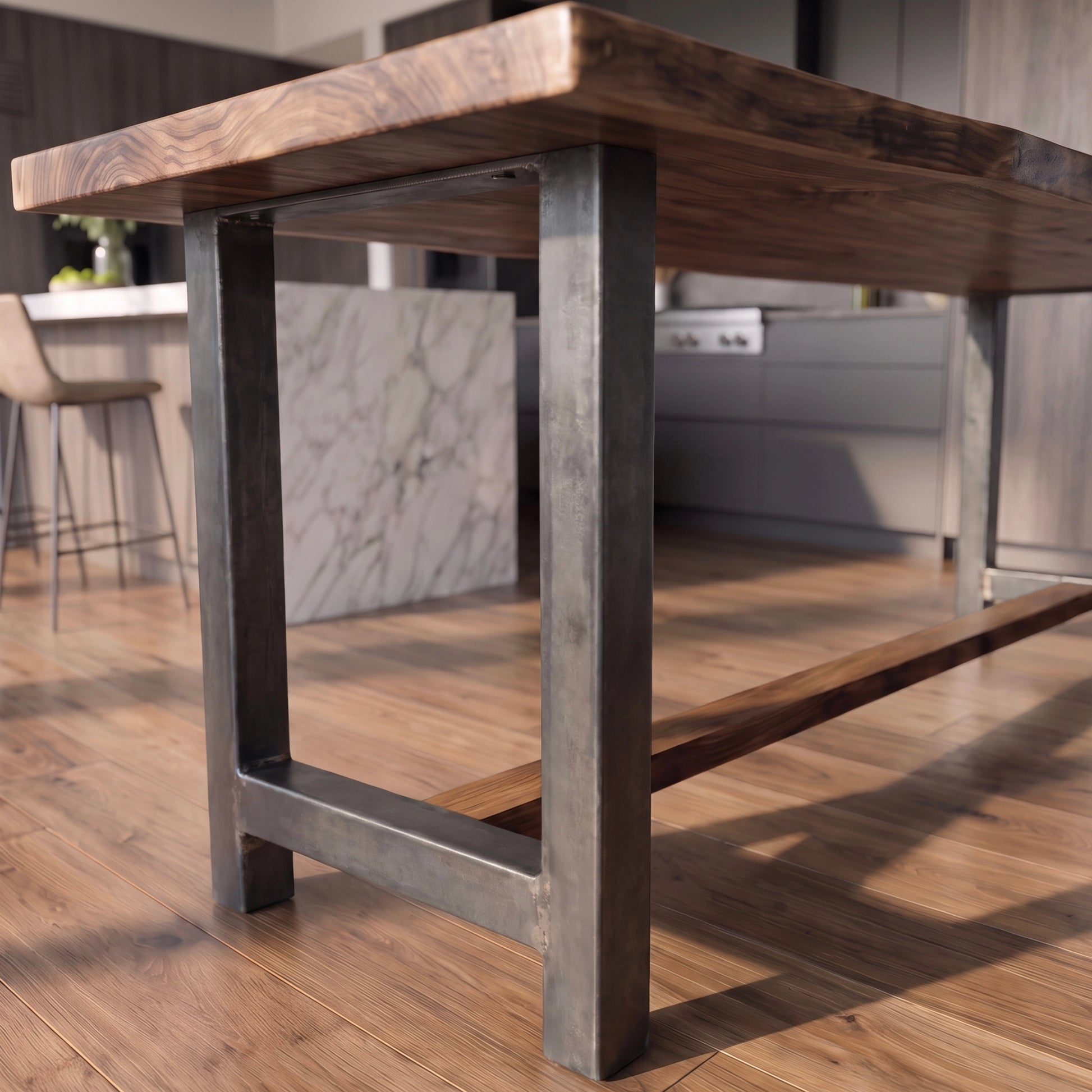 Live edge walnut counter table with metal legs in a modern kitchen; island and chair blurred behind.