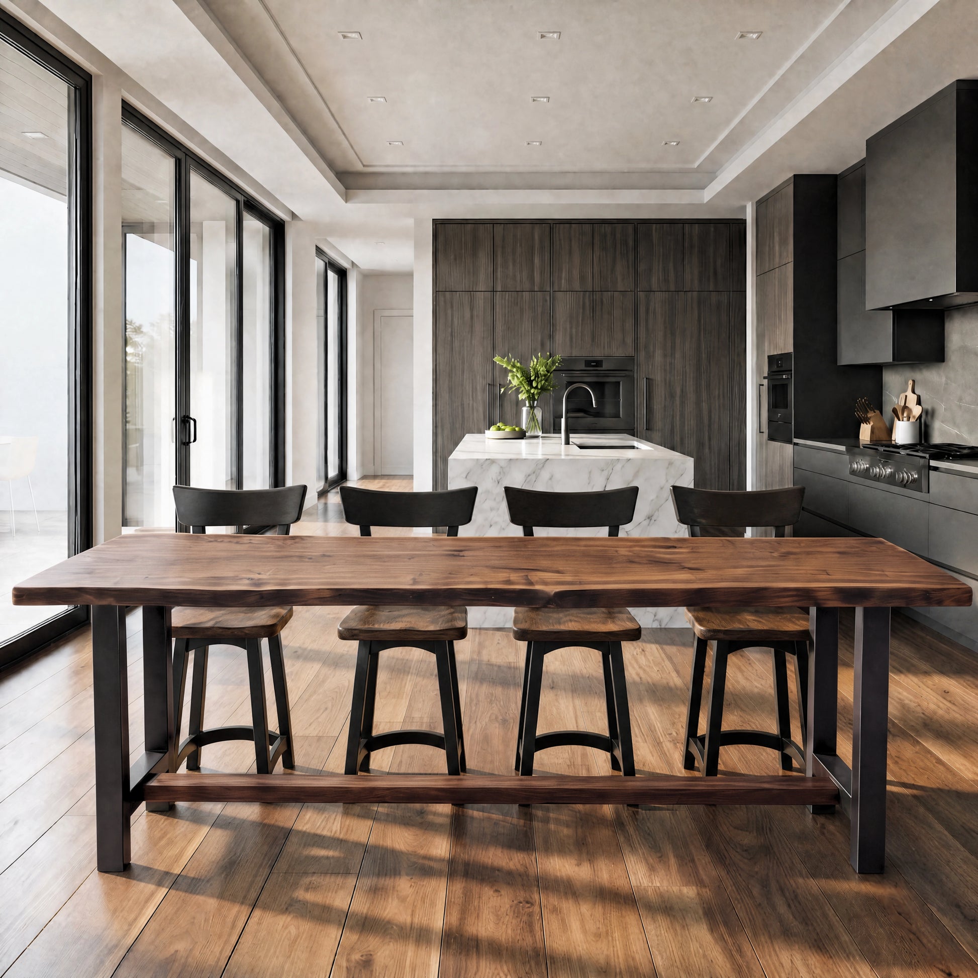 Modern kitchen with walnut live edge table, black chairs, wood floors & large sunlit windows.