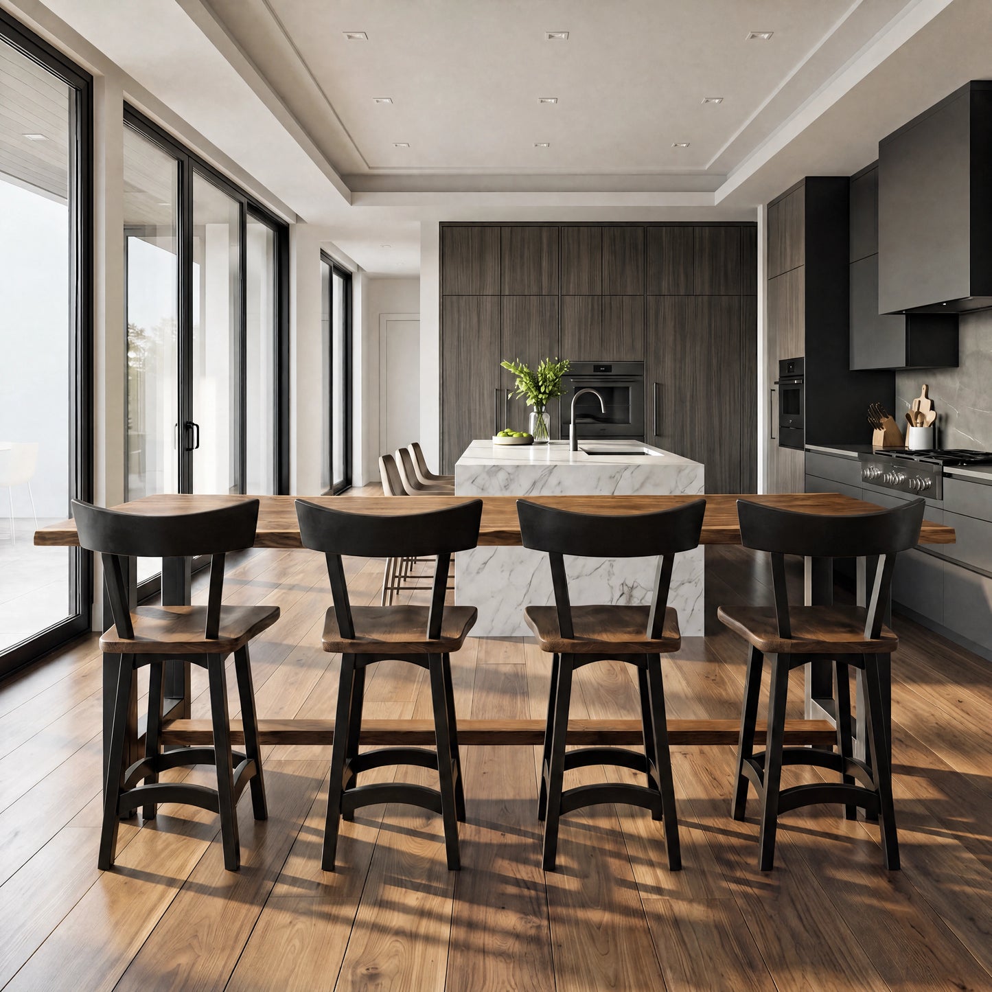 Modern kitchen with marble island, wood floor, dark cabinets, and large windows for natural light.