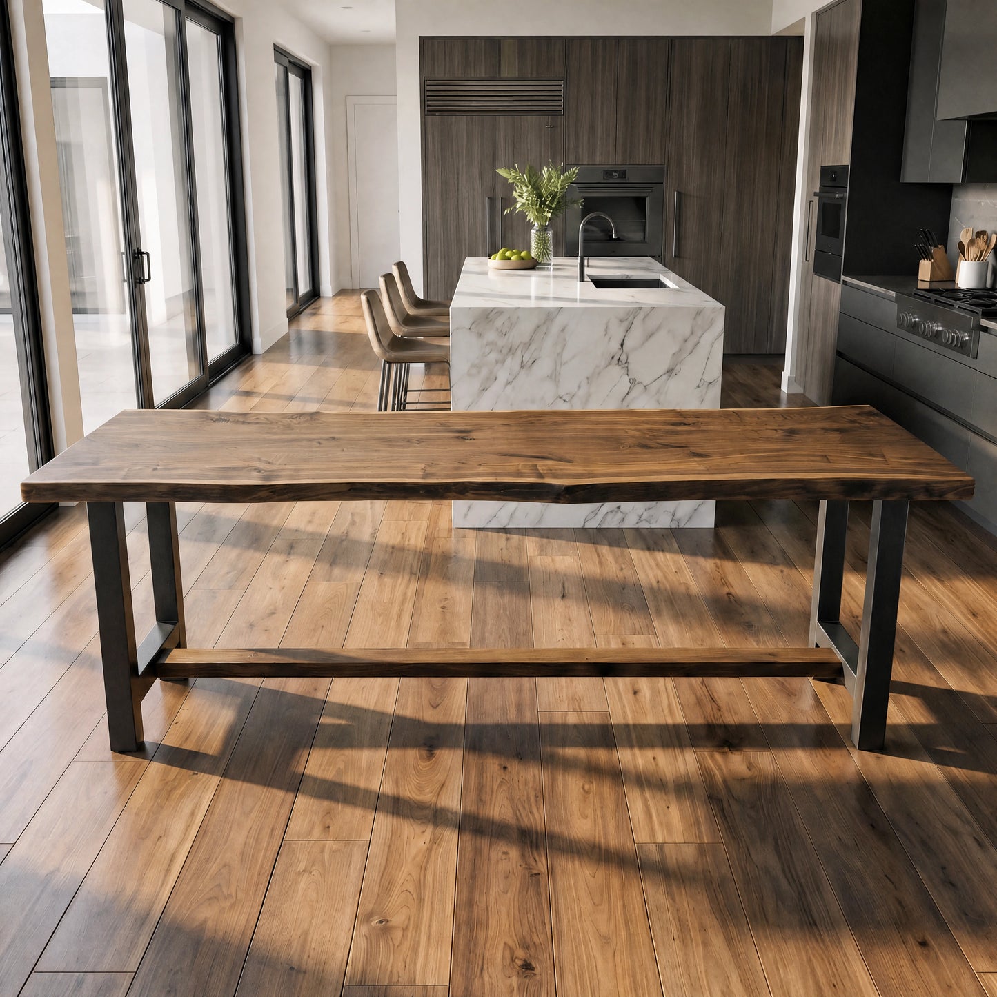Modern kitchen with wood floors, walnut counter table, marble island, and sunlight from windows.