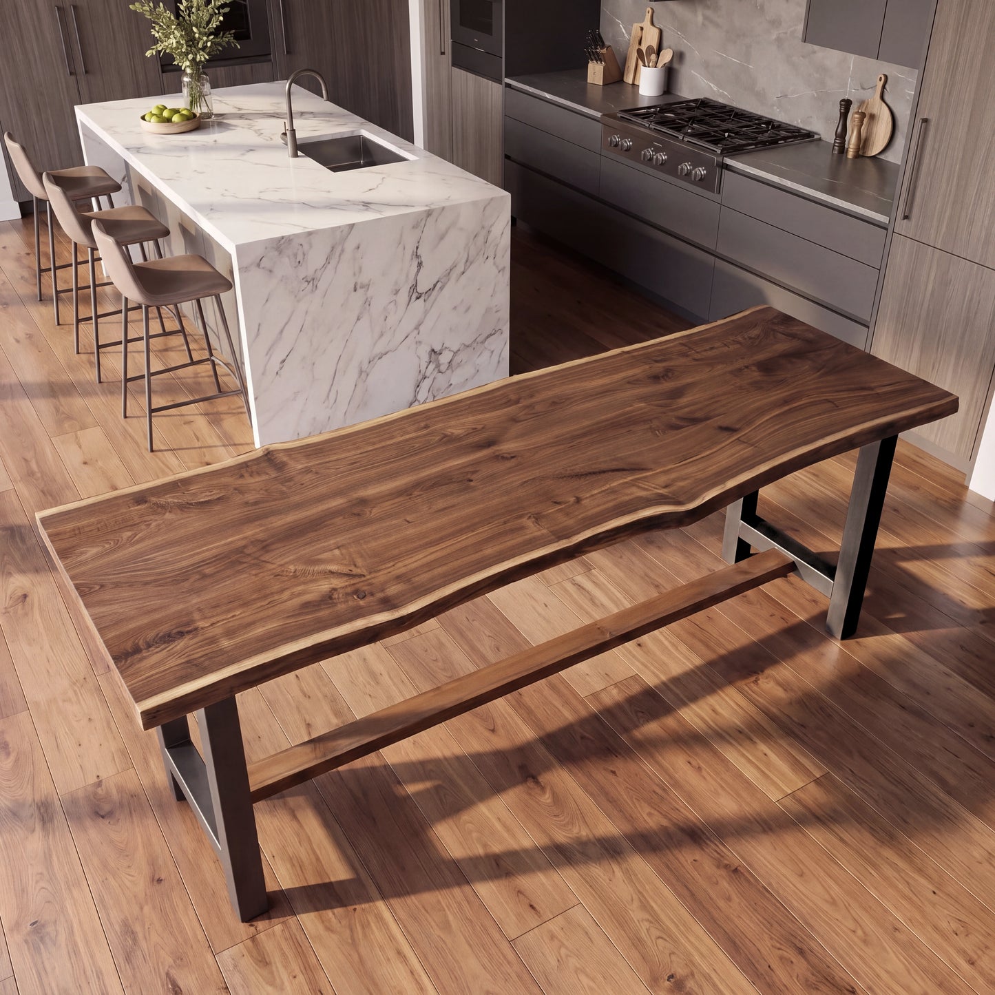 Modern kitchen with wood floors, a marble island, and a live edge walnut dining table.