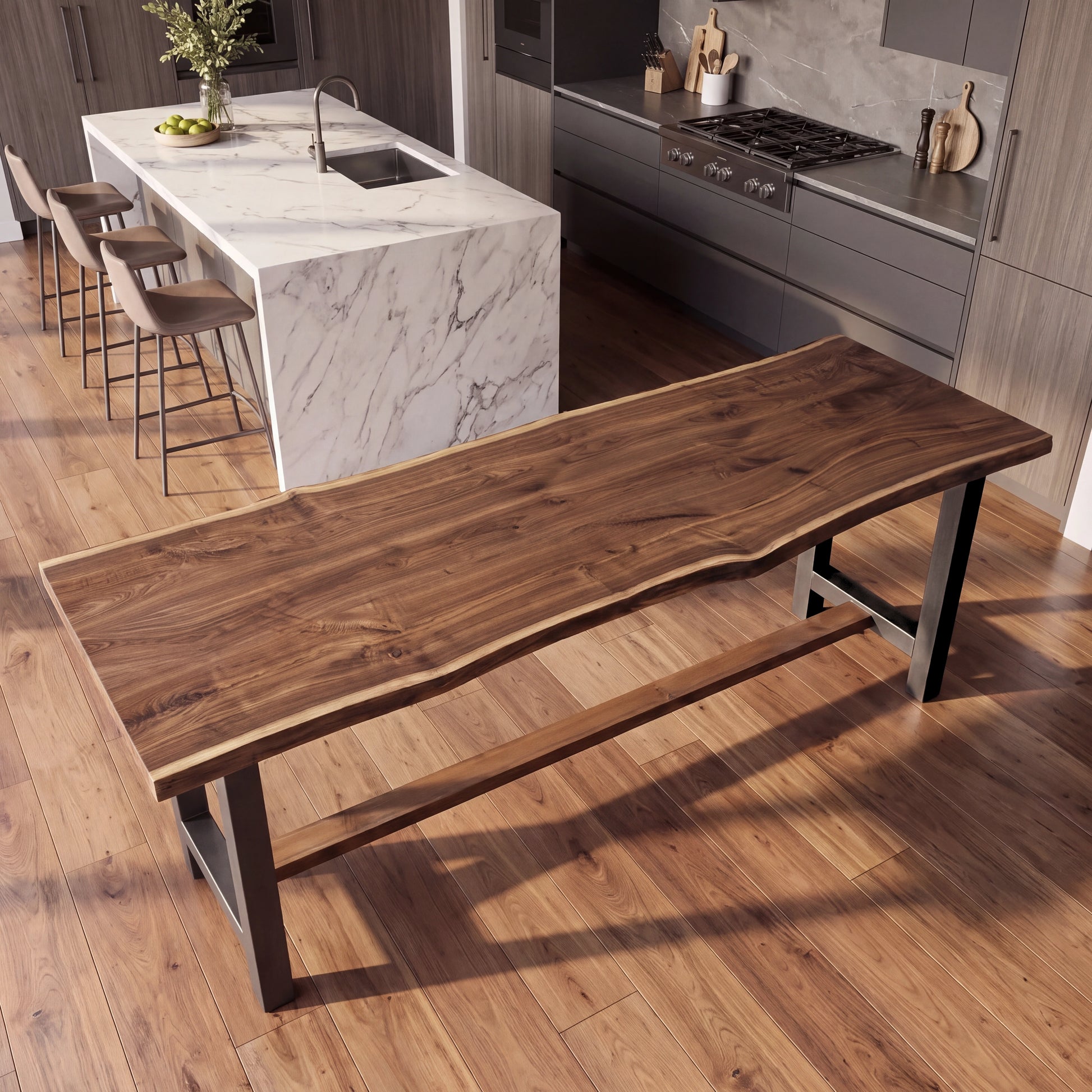 Modern kitchen with wood floors, a marble island, and a live edge walnut dining table.