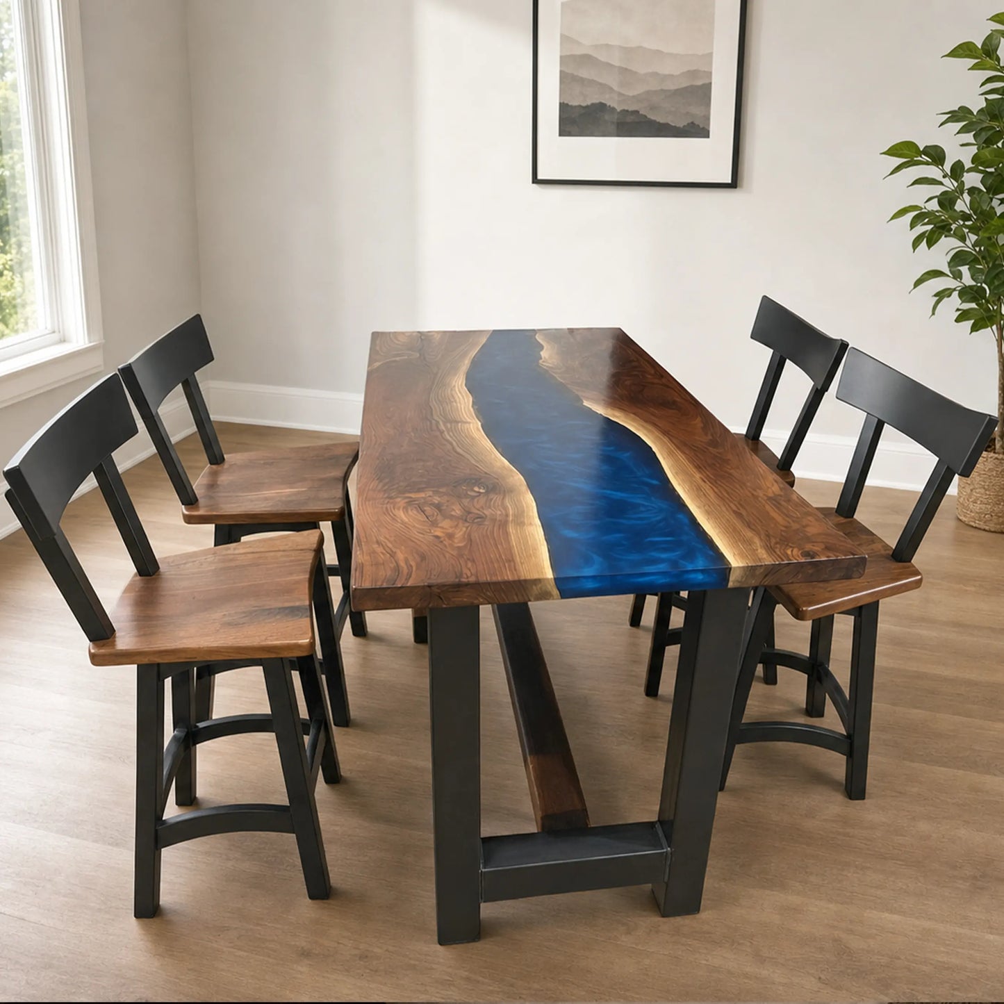 Ash live edge table with blue resin river center, four chairs, plant, and wall art in bright room.