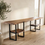 108"L Live Edge Walnut Sofa Table with Shelves