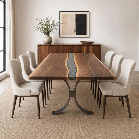 Modern dining room with walnut river table, beige chairs, sideboard, plant, and neutral decor.