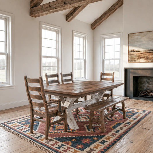 Foster Farmhouse Dining Table, White Base, Barnwood, Long Plank