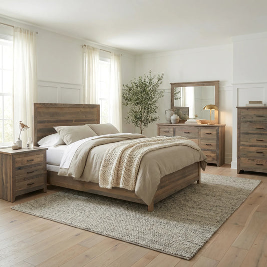 Madison Solid Wood Panel Bed Frame with a tan duvet and knit throw in a bedroom.
