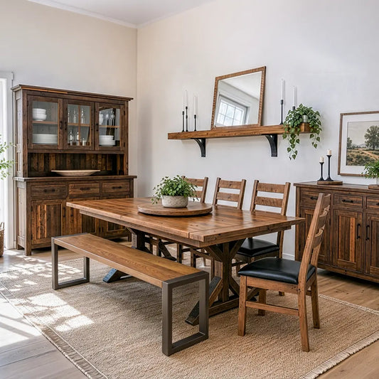 Bright, airy dining room with wood table, Martin Bench, plants, and decor on a cozy rug.