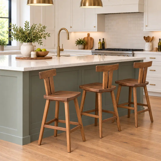 Three maple Miloh Modern bar stools with low backrests at a kitchen island.