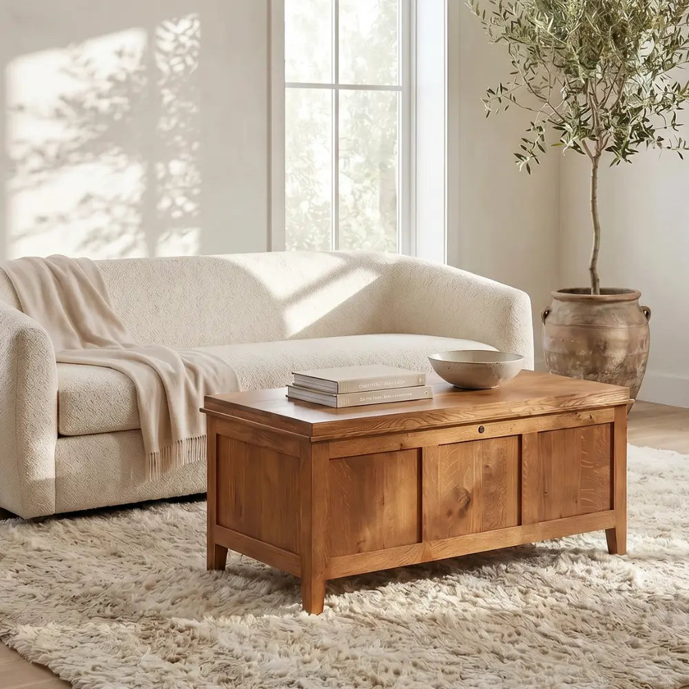 Mission Oak chest coffee table with books and a bowl on a rug before a white sofa.