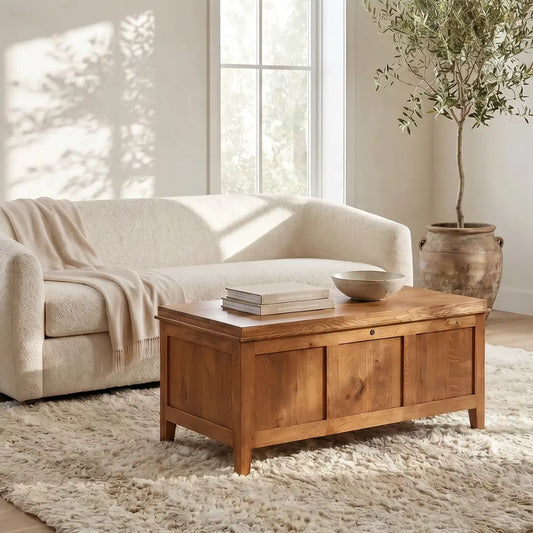 Mission Oak chest coffee table with books and a bowl on a rug before a white sofa.