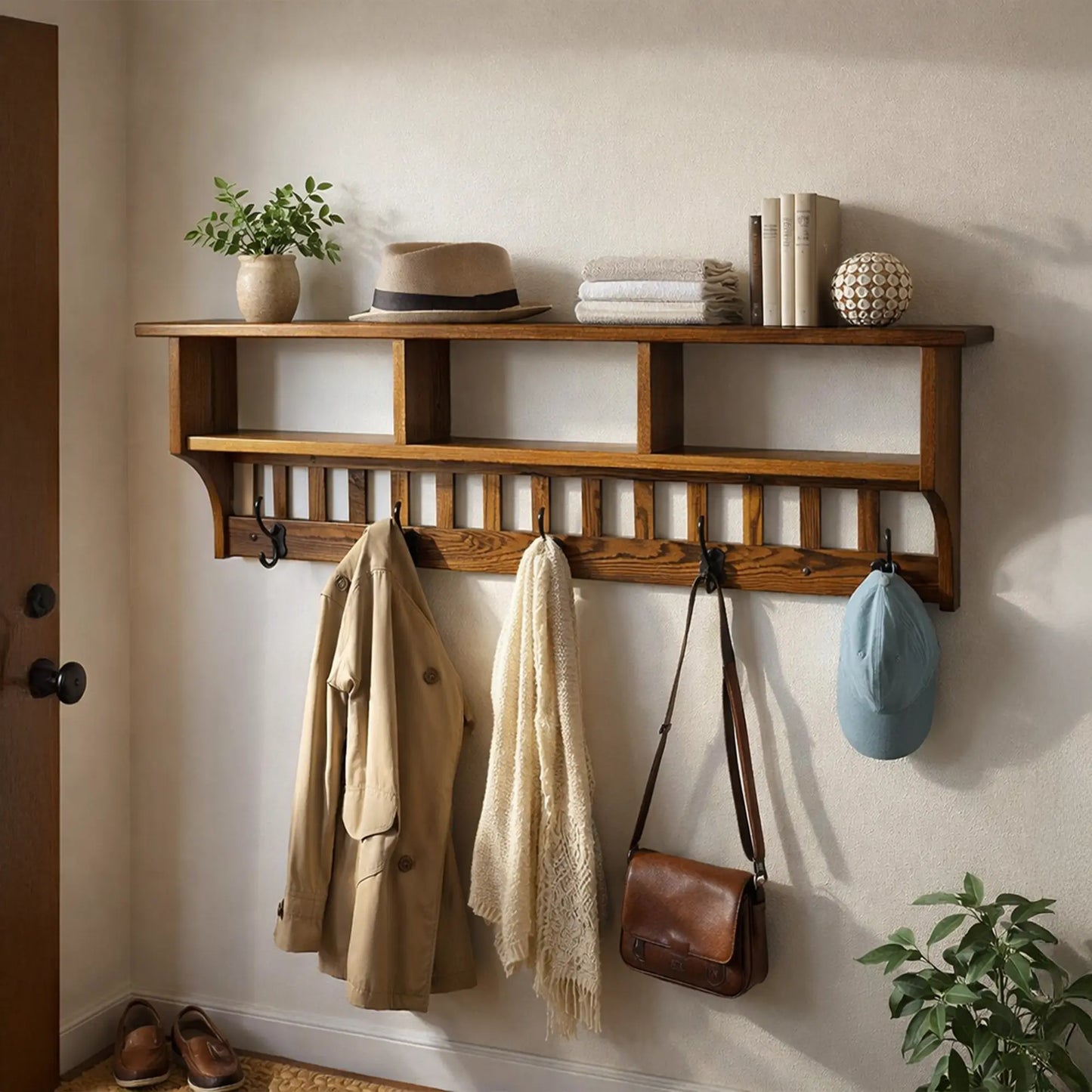Solid Wood Mission Style Coat Rack with Cubby Storage