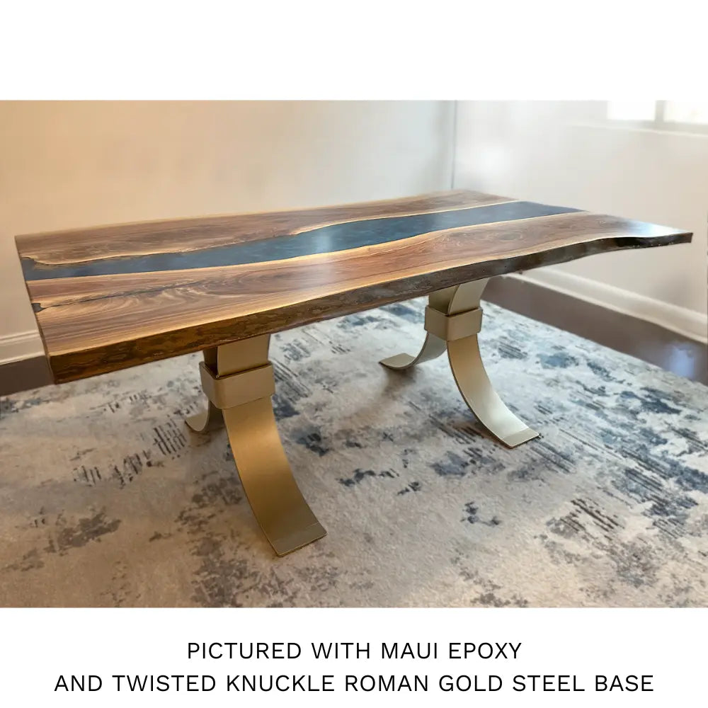 Blue Epoxy River Walnut Dining Table, Maui Metallic Blue Epoxy, Roman gold Steel Base