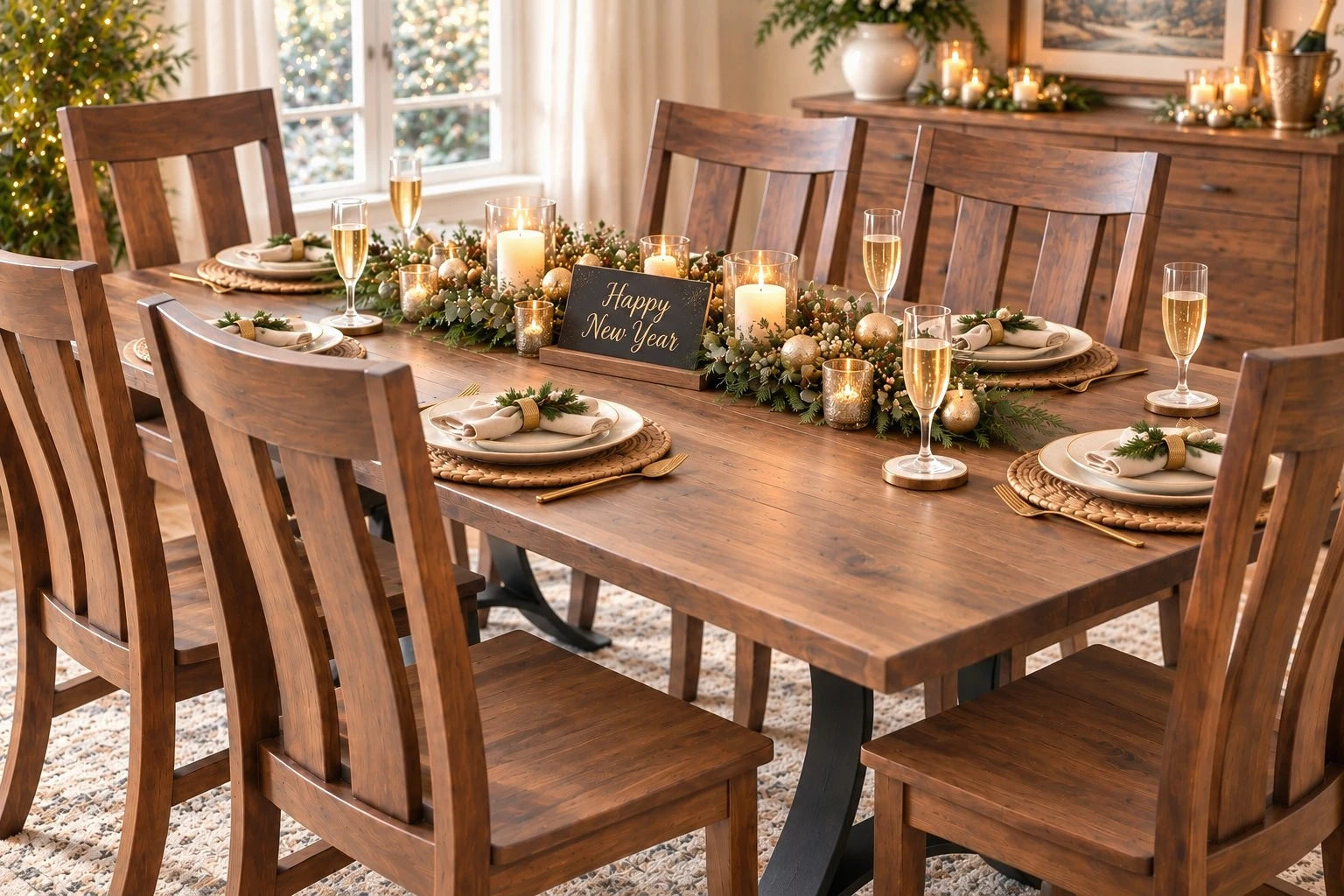 Hayden live edge walnut dining table with a low New Year's centerpiece, candles in glass holders, and coasters beneath champagne glasses