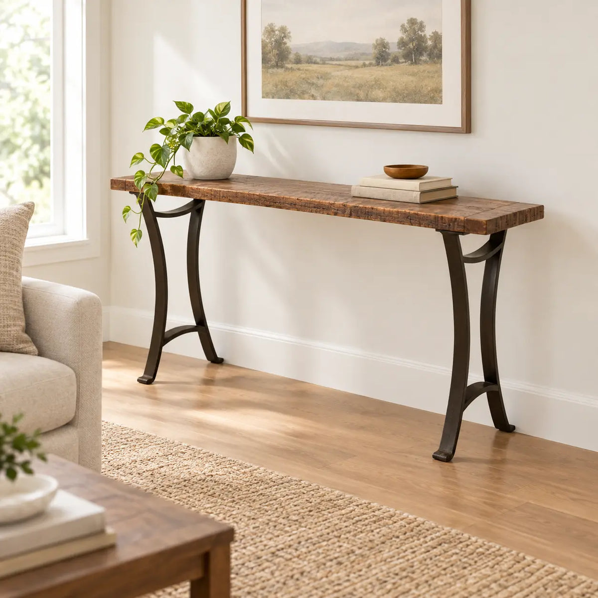 Norwood Barnwood sofa table with a rustic reclaimed oak top and curved steel legs.