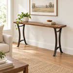 Norwood Barnwood sofa table with a rustic reclaimed oak top and curved steel legs.