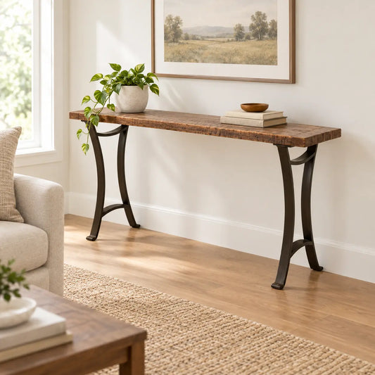 Norwood Barnwood sofa table with a rustic reclaimed oak top and curved steel legs.