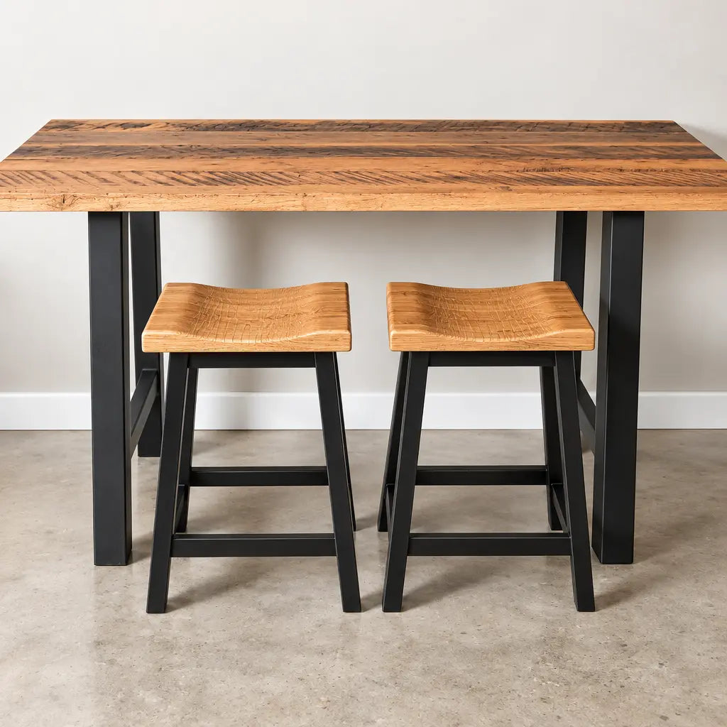 Two oak backless bar stools with black metal frames under a matching high table.