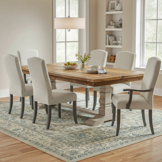 Six Paige dining chairs around a walnut table on a rug in a bright room with windows and shelves.