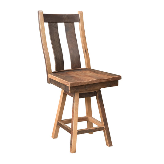 Reclaimed wood stool with curved backrest, dark seat, and light legs on a white background.