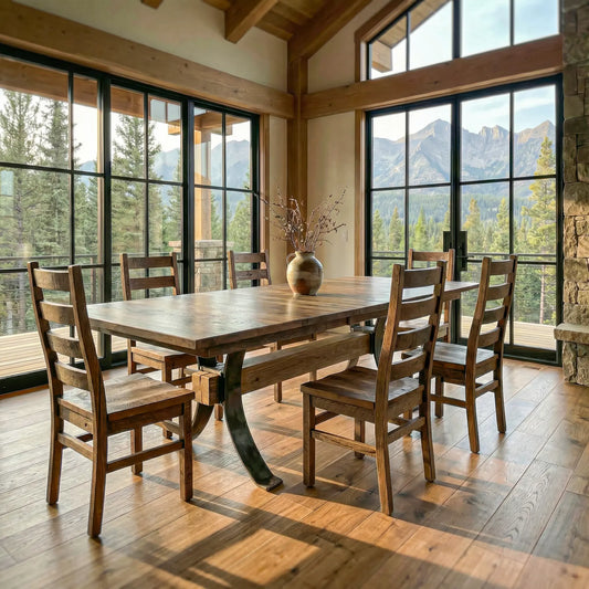 Wooden dining table with six chairs in a bright room, mountain views, and a branch-filled vase.