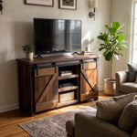 Pierce Rustic Farmhouse Entertainment Center, barn door, reclaimed wood, in liing room