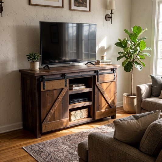 Pierce Rustic Farmhouse Entertainment Center, barn door, reclaimed wood, in liing room