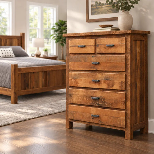 Rustic bedroom with wood bed, dresser, mirror, decor, and green walls for cozy storage.