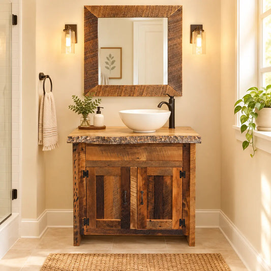 Rustic Reclaimed Wood Vanity Base, Pictured with Live Edge Top (Not Included)
