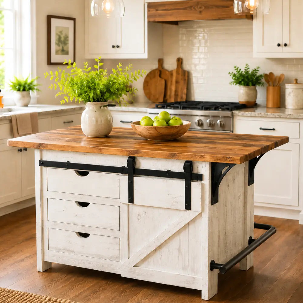 Sunny farmhouse kitchen with a wood island, white cabinets, and green apples on display.