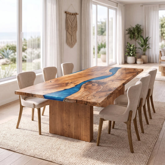 Spalted maple river dining table with blue resin, slab base, and six upholstered chairs on a rug.