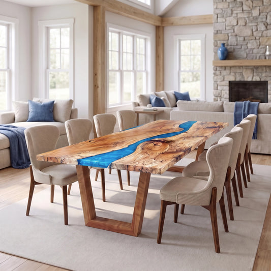 Spalted maple live edge river table with Maui blue epoxy, angled base, and eight chairs.