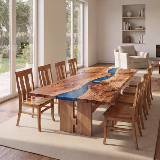 Spalted maple live edge river table with blue resin inlay, through tenon base, and eight chairs.