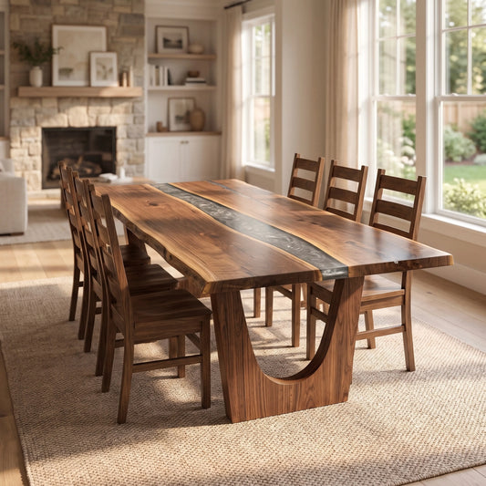 Walnut live edge river dining table with resin inlay, arch base, and six chairs on a rug.