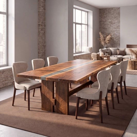 Walnut live edge river dining table with through tenon base, six chairs, and brown rug.
