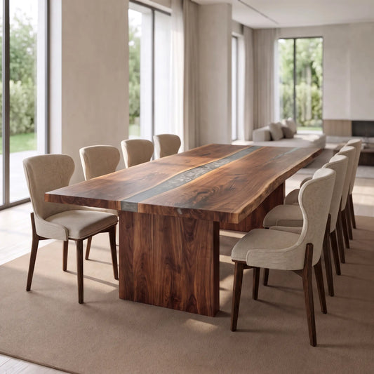 Custom walnut live edge river dining table with resin inlay, slab base, and eight upholstered chairs.