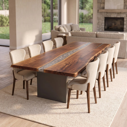 Walnut live edge river table with gray resin, steel base, and eight upholstered chairs.