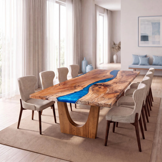 Modern dining room with live edge river table, beige chairs, large windows, and neutral decor.