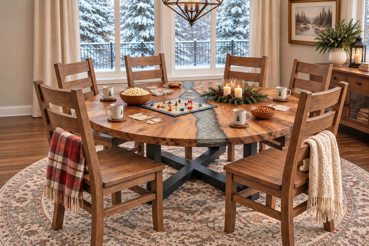 Round spalted maple live edge river dining table with a board game, mugs on coasters, and holiday decor