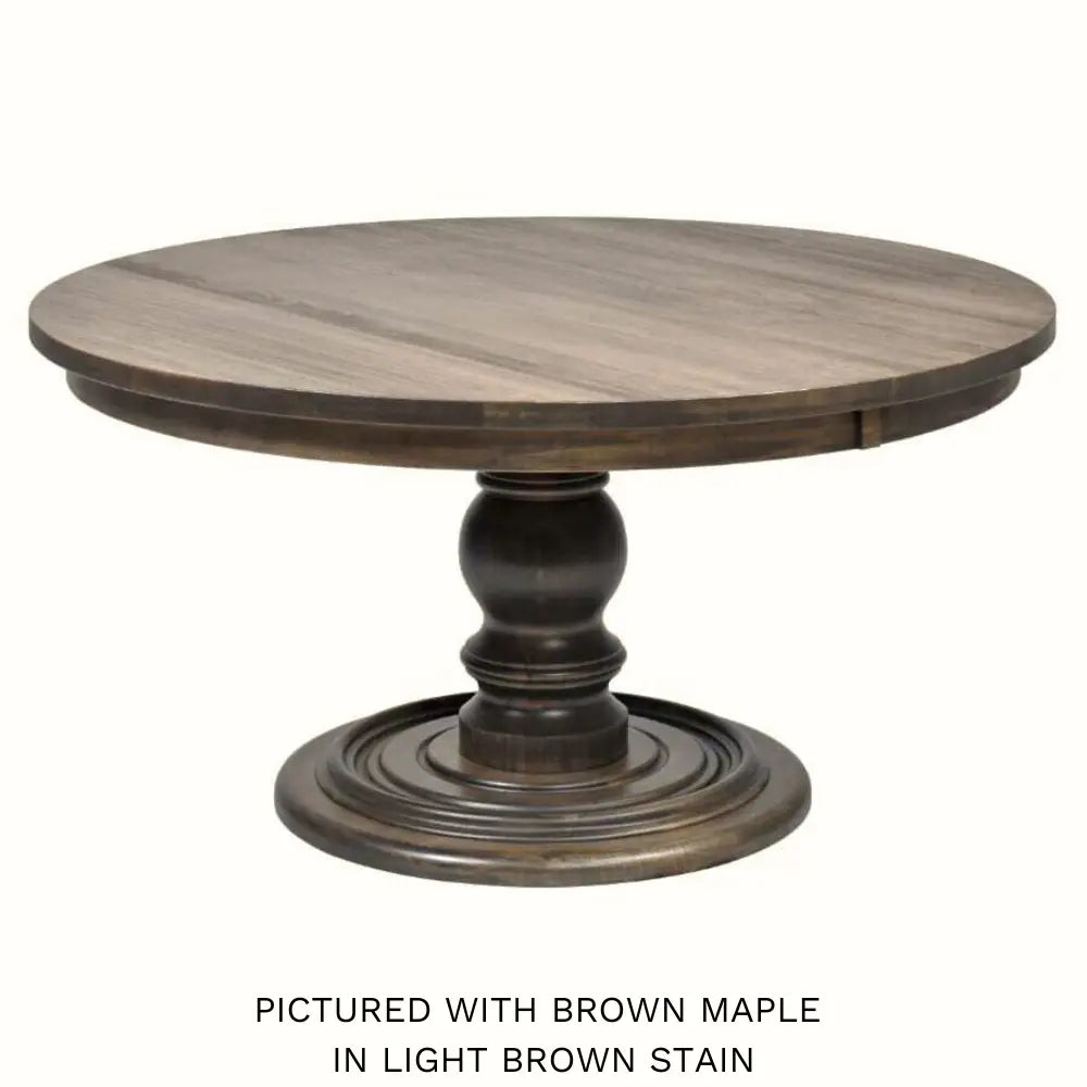 Round Pedestal Wood Dining Table, Brown Maple, Light Brown Stain