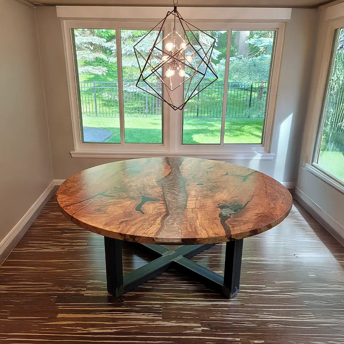 custom round epoxy river dining table