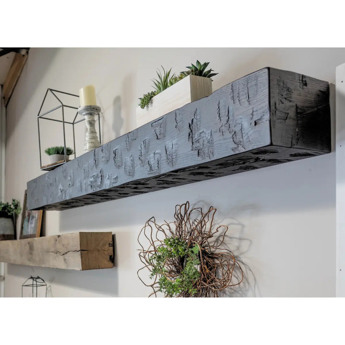 rustic dark wood box beam mantel