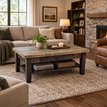 Rustic cherry coffee table with maple base and lower shelf featuring decor.
