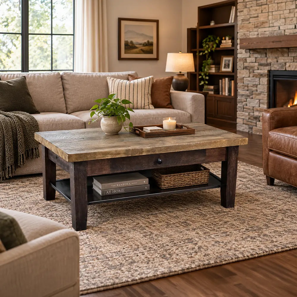 Rustic cherry coffee table with maple base and lower shelf featuring decor.