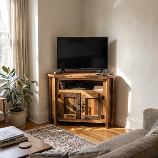 Sawyer Reclaimed Wood Corner TV Stand, Small Entertainment Center, in Living Room with TV