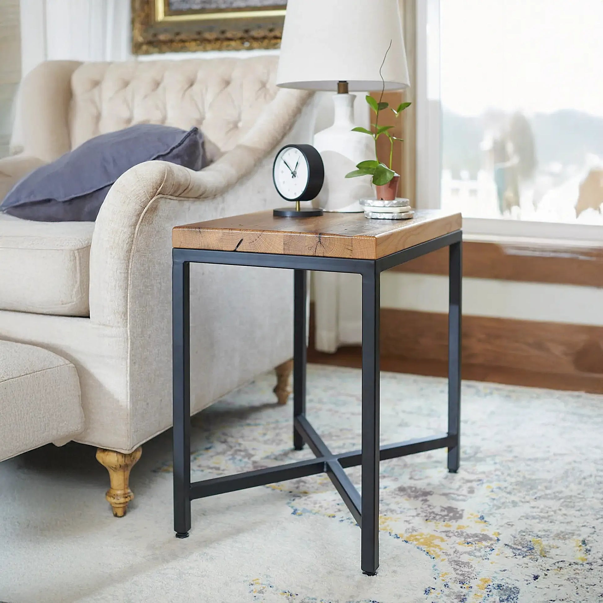 Rustic Modern Wood Side Table, Steel Base