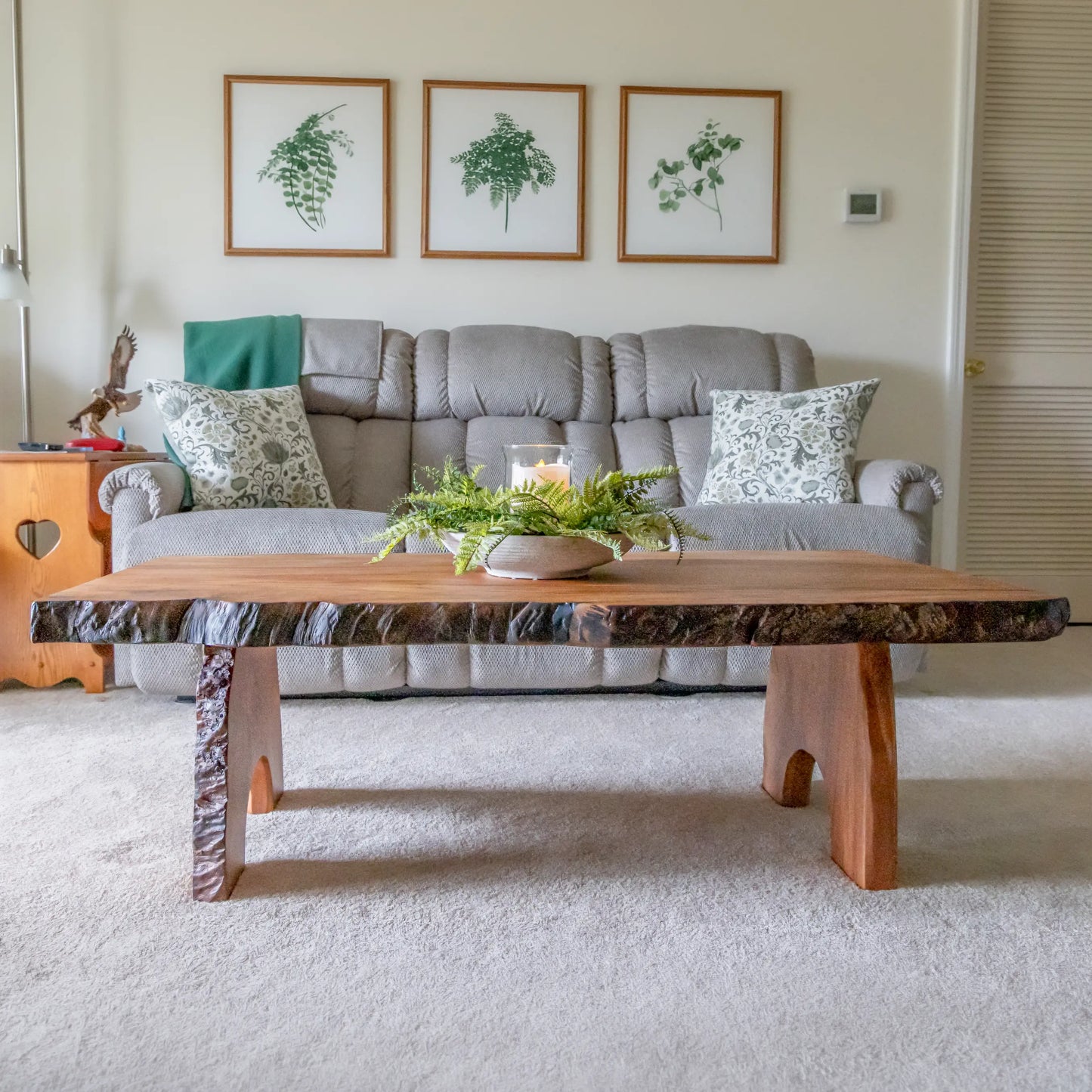 Side View of Custom Live Edge Wood Coffee Table in Sycamore 