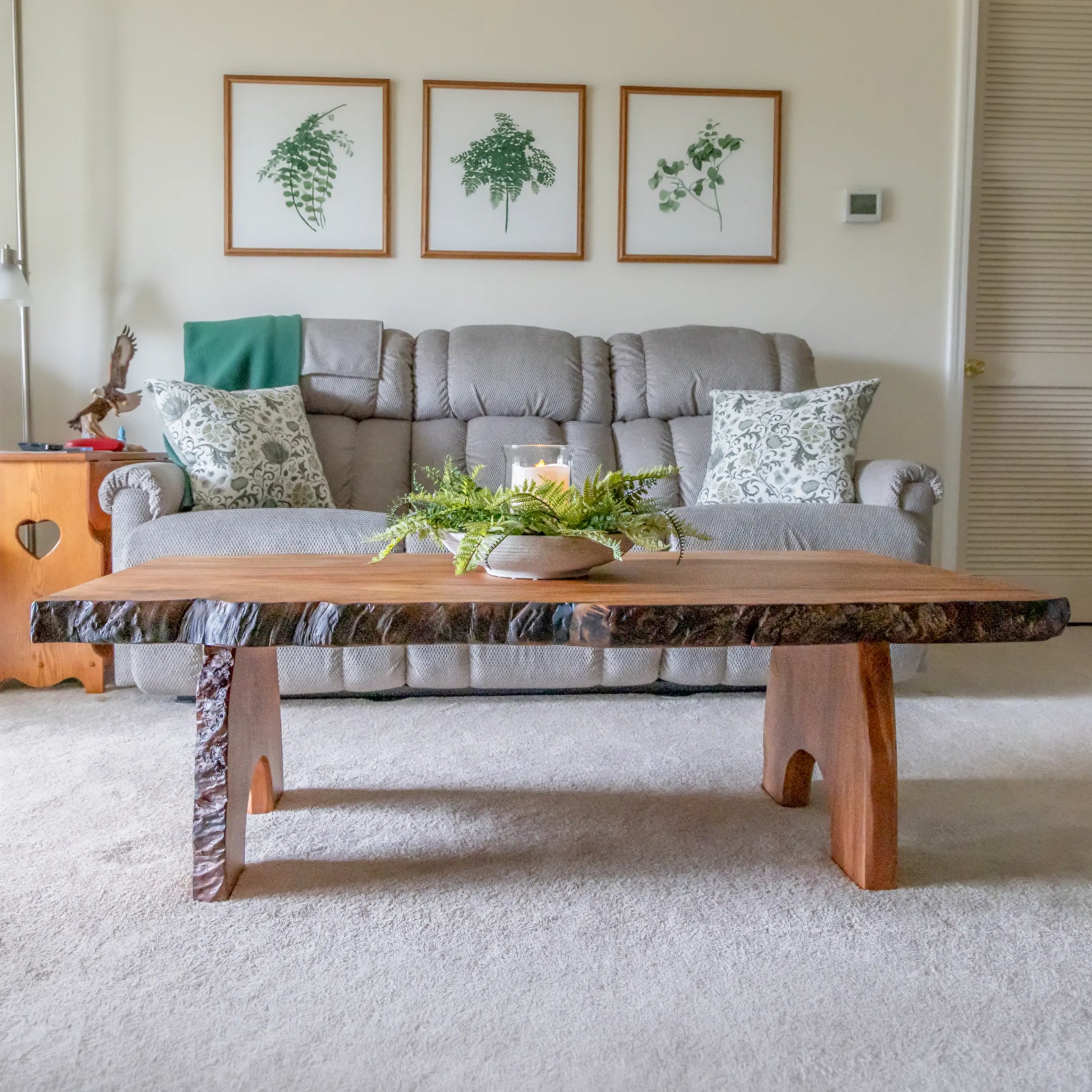 Side View of Custom Live Edge Wood Coffee Table in Sycamore 