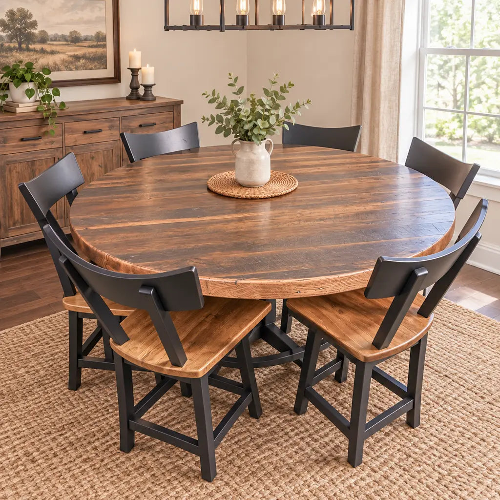 Sierra Round Barnwood counter height table with black frame and five matching chairs.